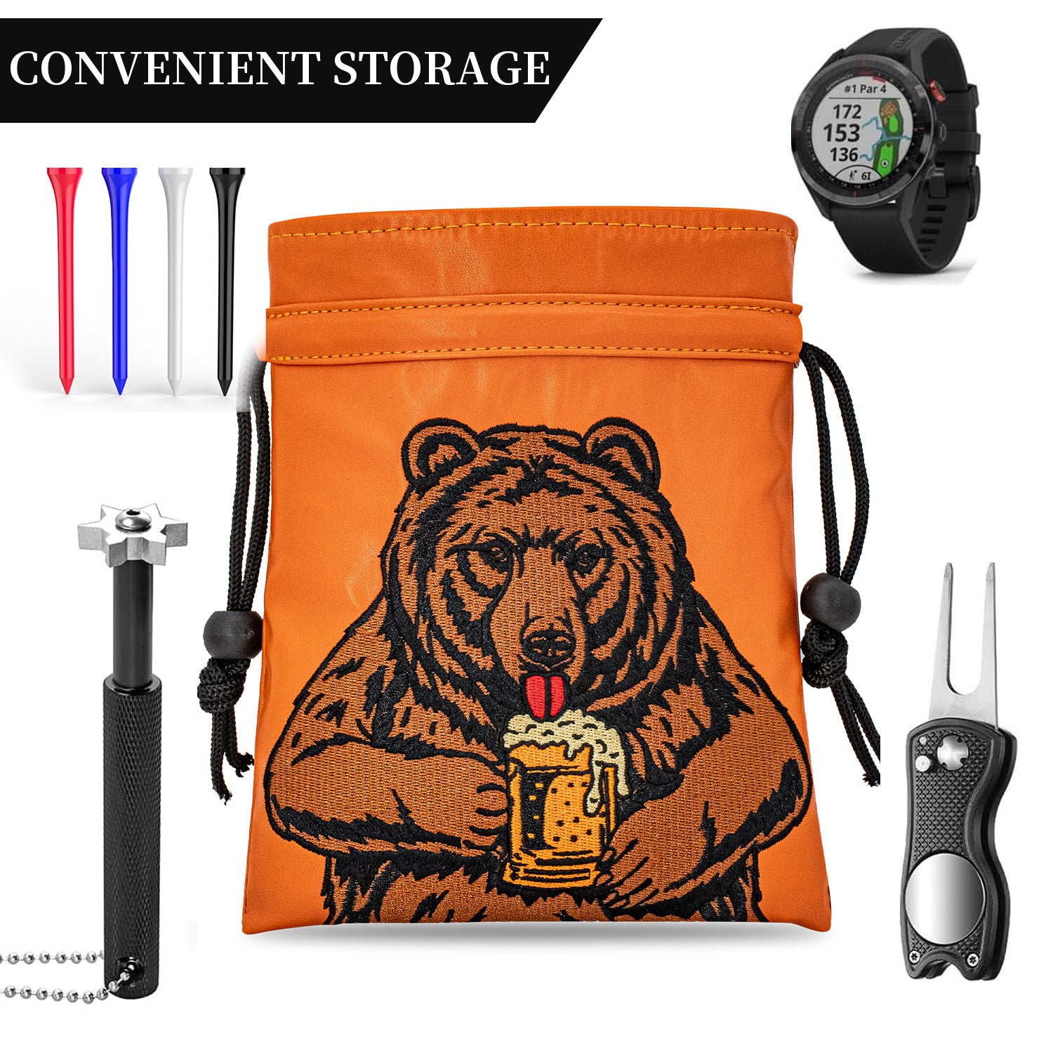 Funny Bear animal embroidery Golf Valuables Pouch, Golf Pouch Bag with Drawstrings Golf Tee Leather Tee Ball Bag
