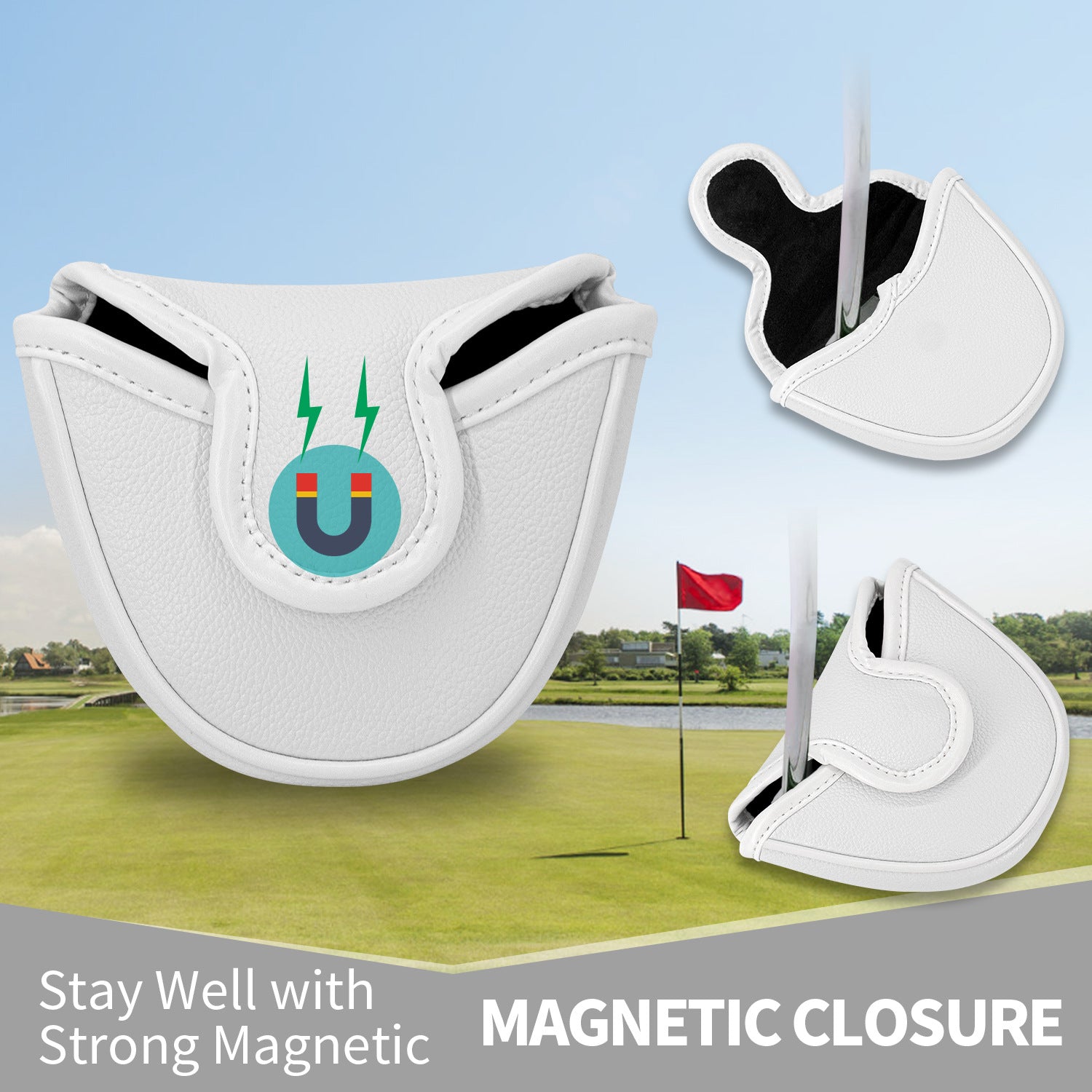 Smiley Face Embroidery Mallet Putter and Blade Putter Cover Magnetic Closure Synthetic PU Leather