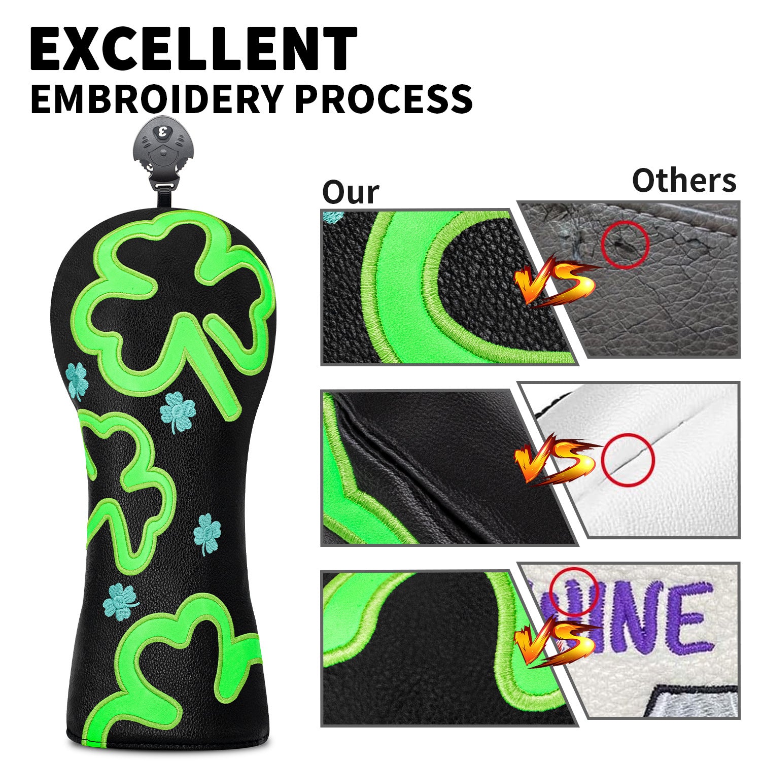 Neon Green Four-Leaf Clover Embroidery Golf Club Head Covers