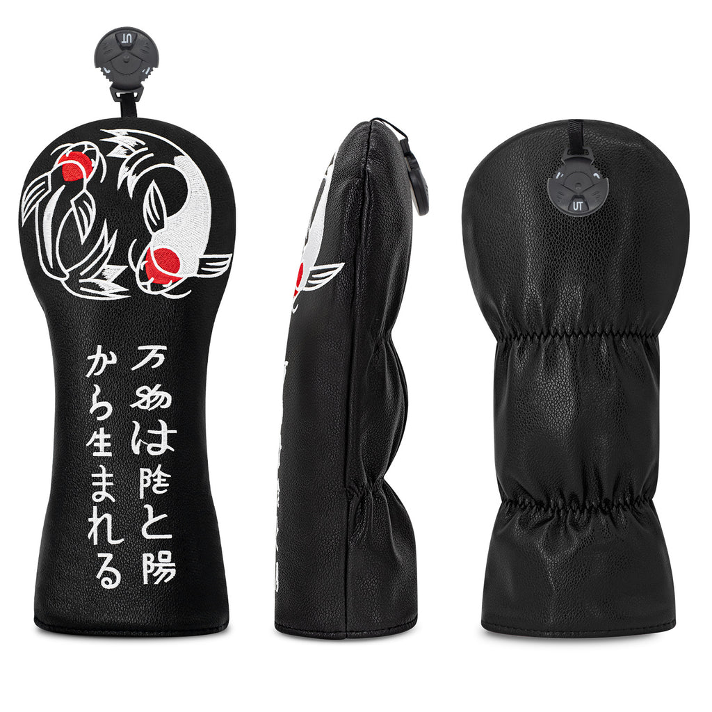 Golf Head Covers Koi Fish Embroidery PU Leather Premium Gift for Men Women