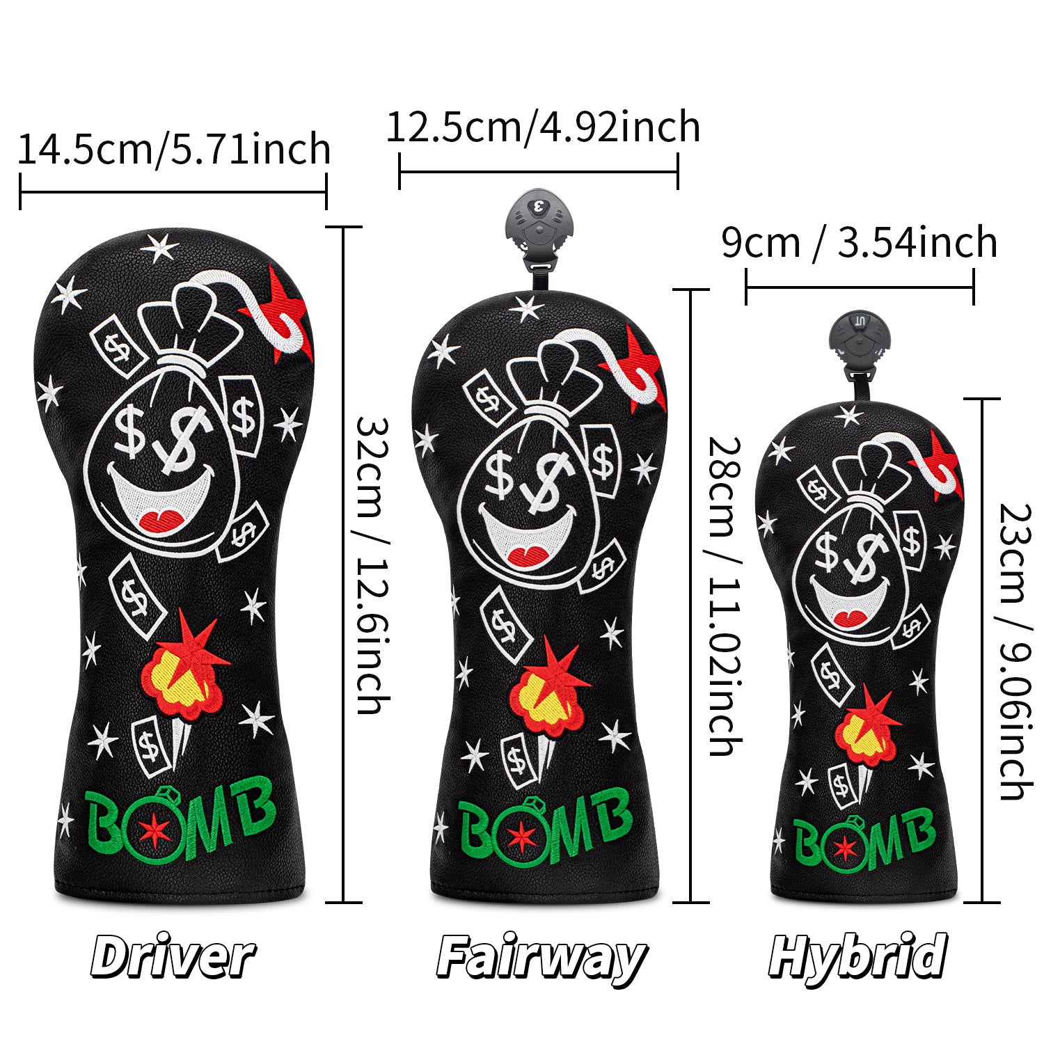 Funny Smiley Money Boom Golf Covers Bag Embroidery 4pcs or 1pcs PU Leather