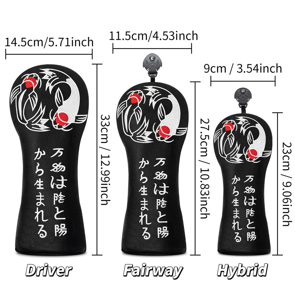 Golf Head Covers Koi Fish Embroidery PU Leather Premium Gift for Men Women