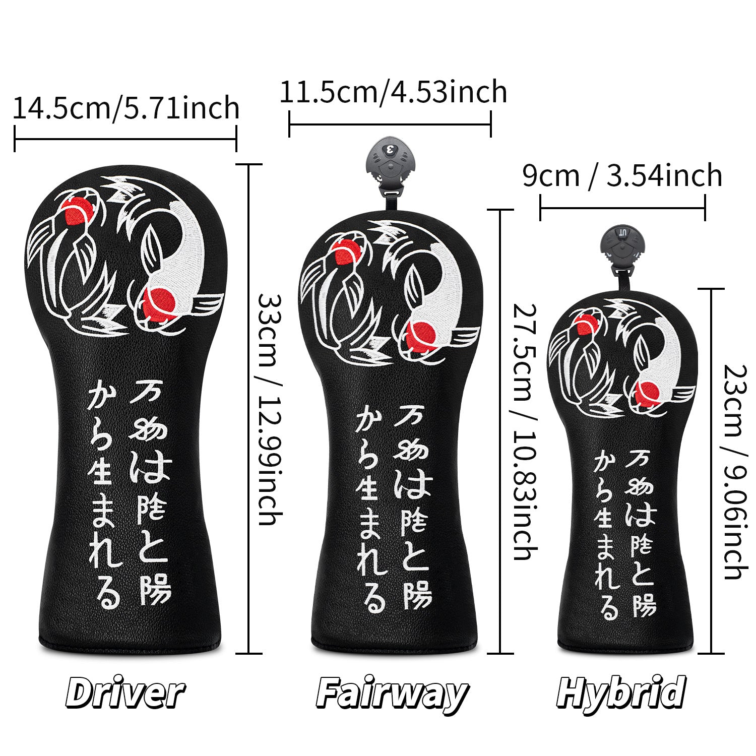 Golf Head Covers Koi Fish Embroidery PU Leather Premium Gift for Men Women