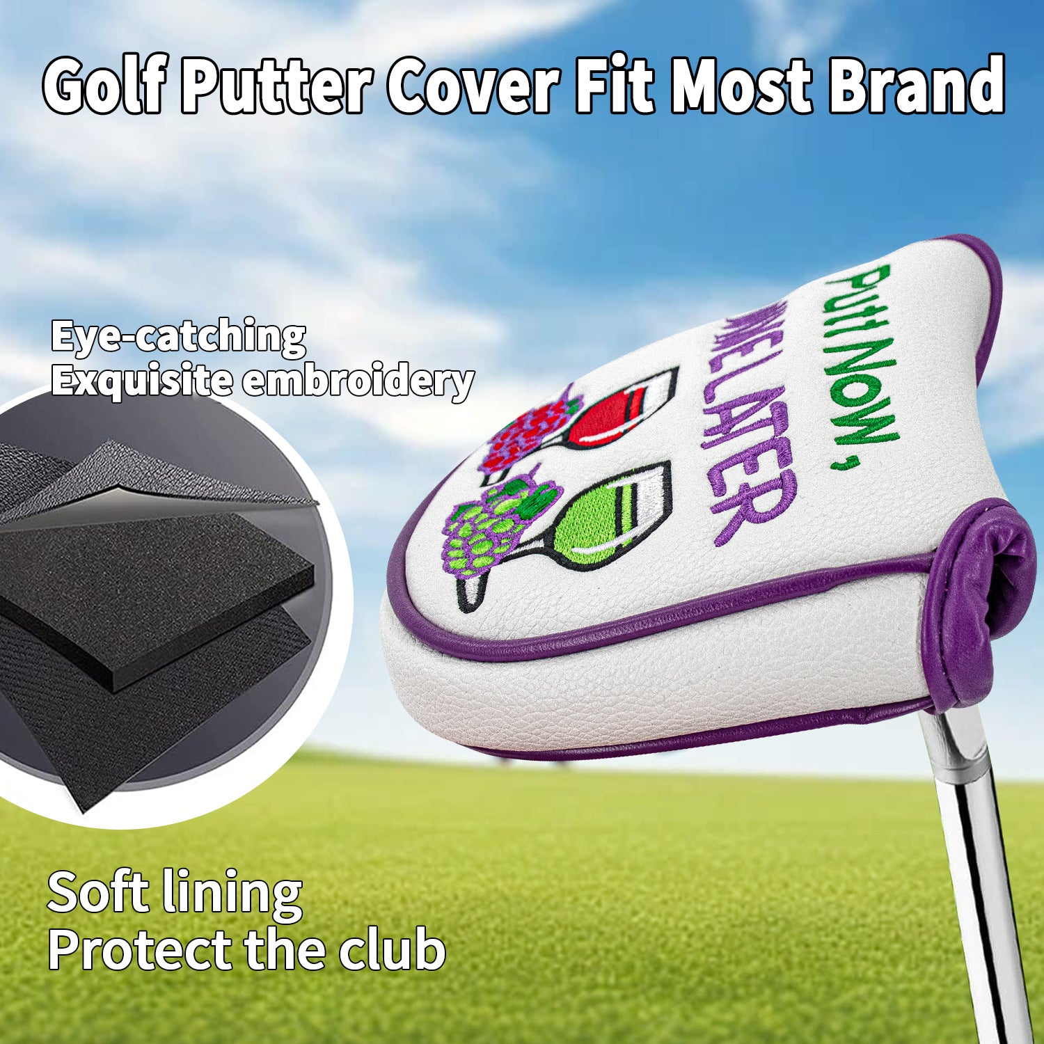Fruit embroidery Golf Mallet Putter Cover Square Mallet Putter Cover with Strong Magnetic Closure