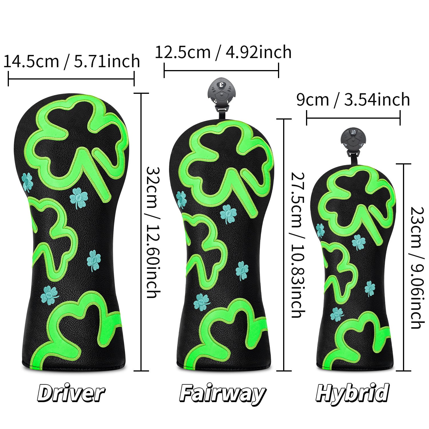 Neon Green Four-Leaf Clover Embroidery Golf Club Head Covers