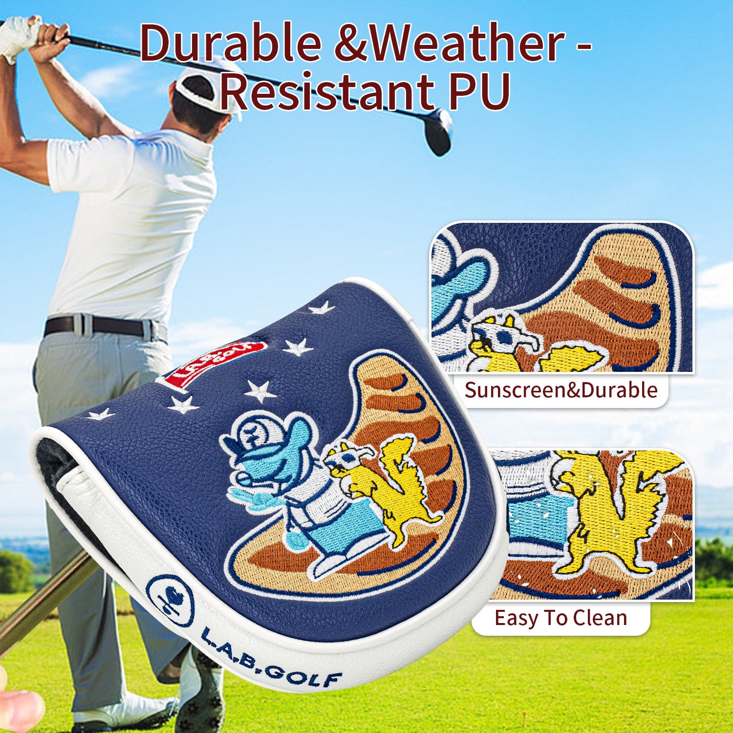 Square Putter Cover Cartoon Embroidery Pattern PU Leather Headcover