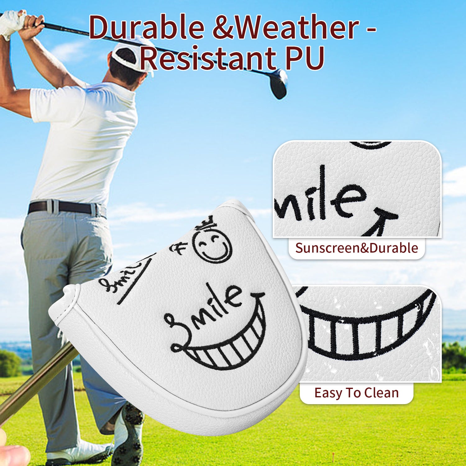 Smiley Face Embroidery Mallet Putter and Blade Putter Cover Magnetic Closure Synthetic PU Leather