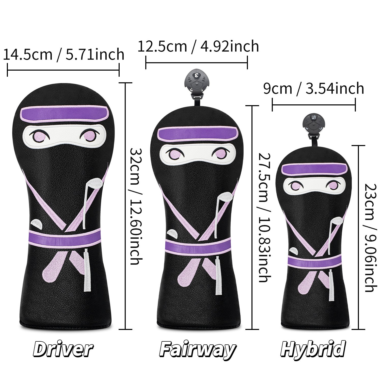 Golf Cover Set Creative Cartoon ninja for Men and Women  Fits Any Size