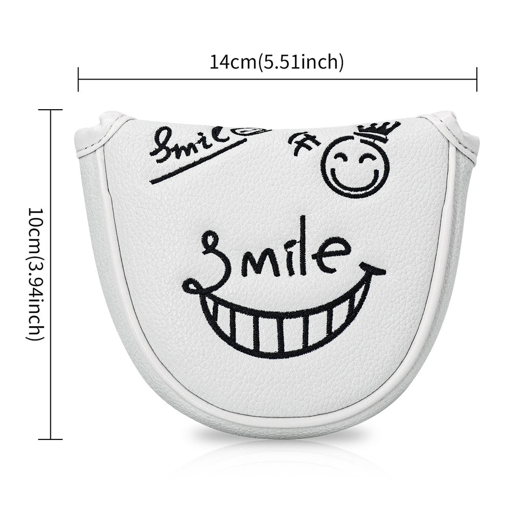 Smiley Face Embroidery Mallet Putter and Blade Putter Cover Magnetic Closure Synthetic PU Leather