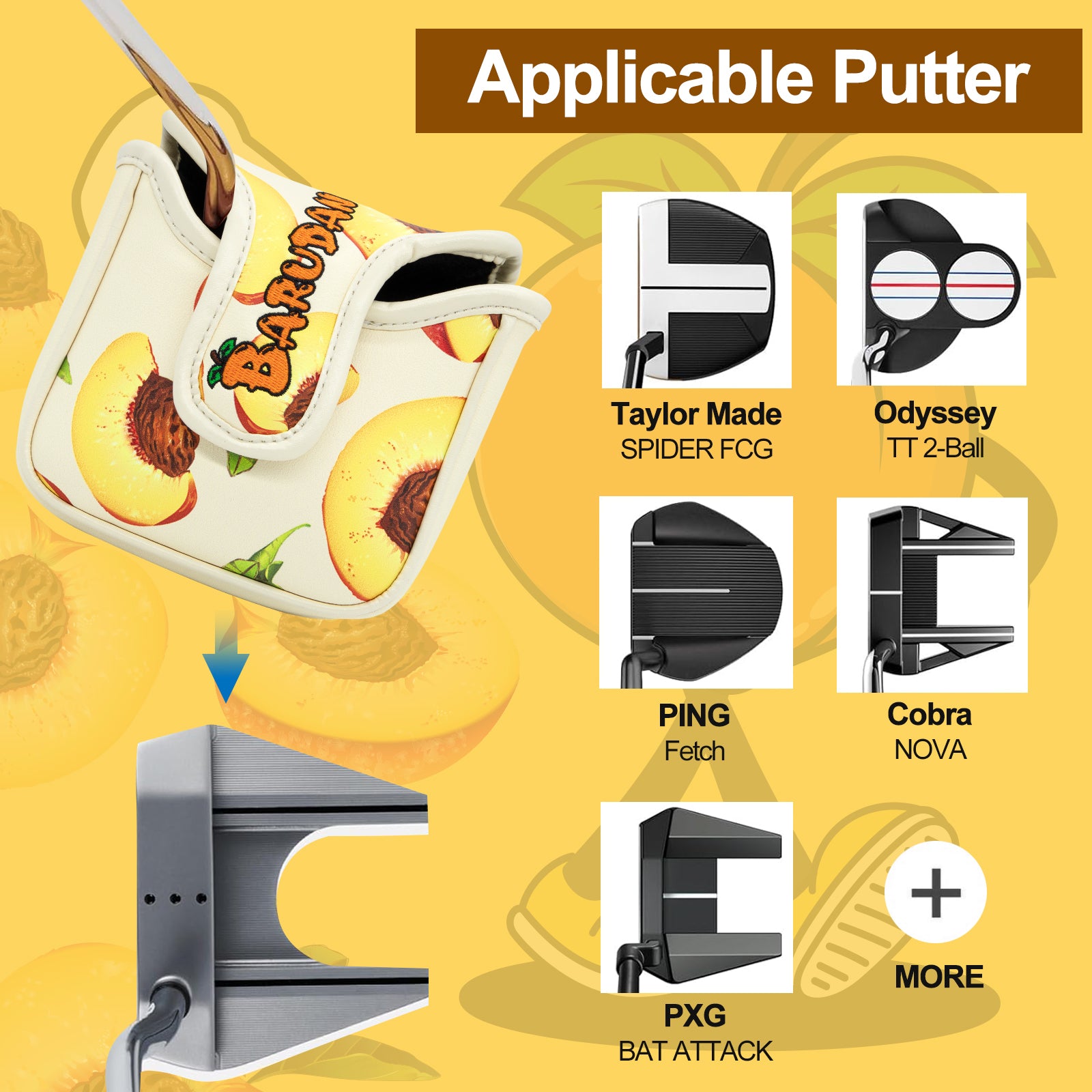 Playful cartoon peach magnetic mallet putter headcover