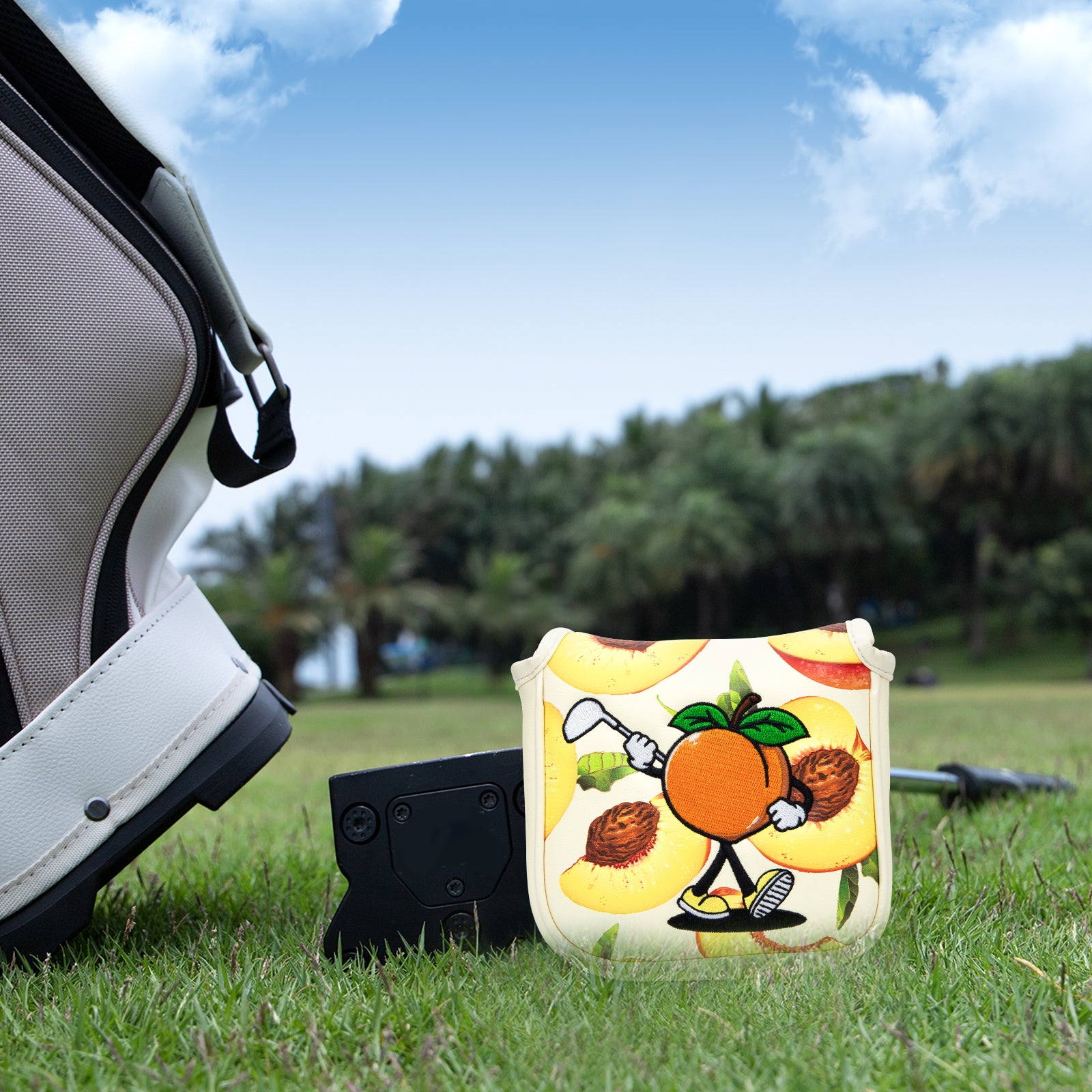 Playful cartoon peach magnetic mallet putter headcover