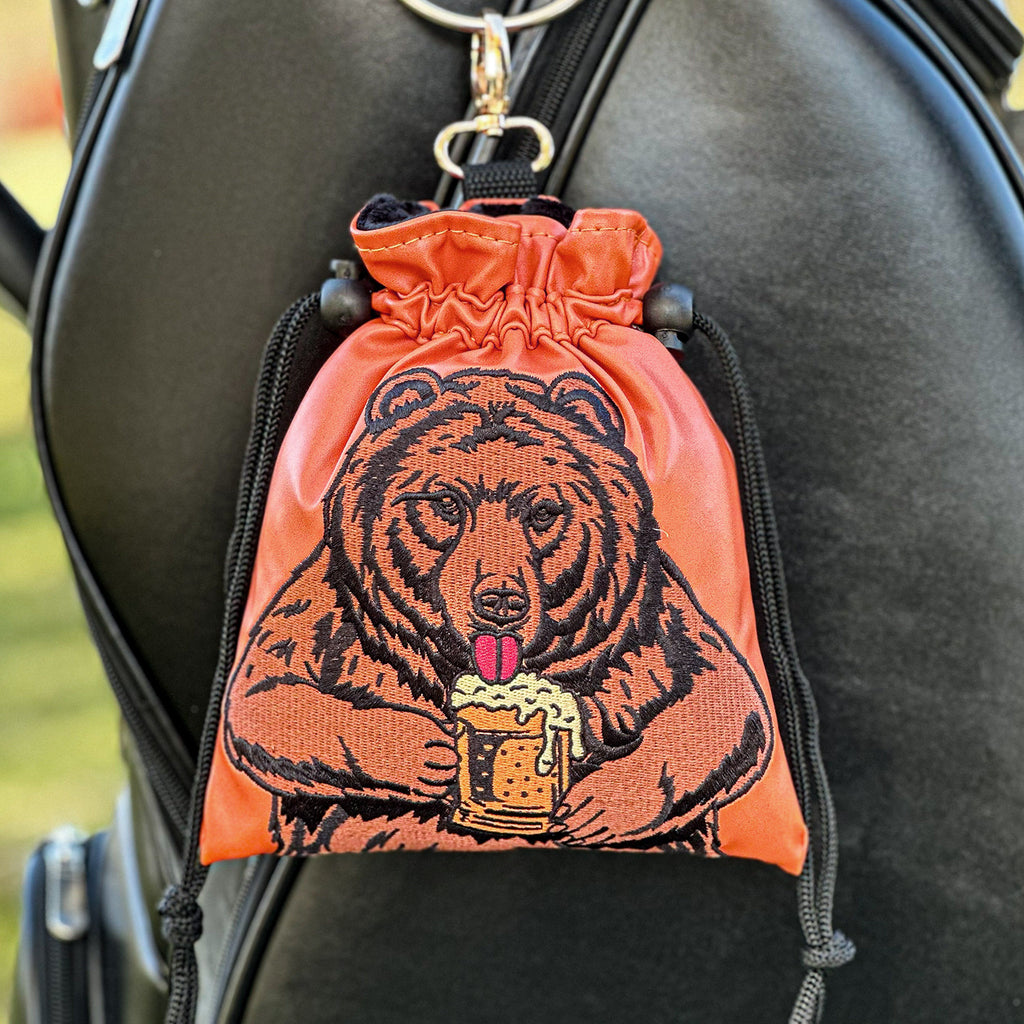 Funny Bear animal embroidery Golf Valuables Pouch, Golf Pouch Bag with Drawstrings Golf Tee Leather Tee Ball Bag