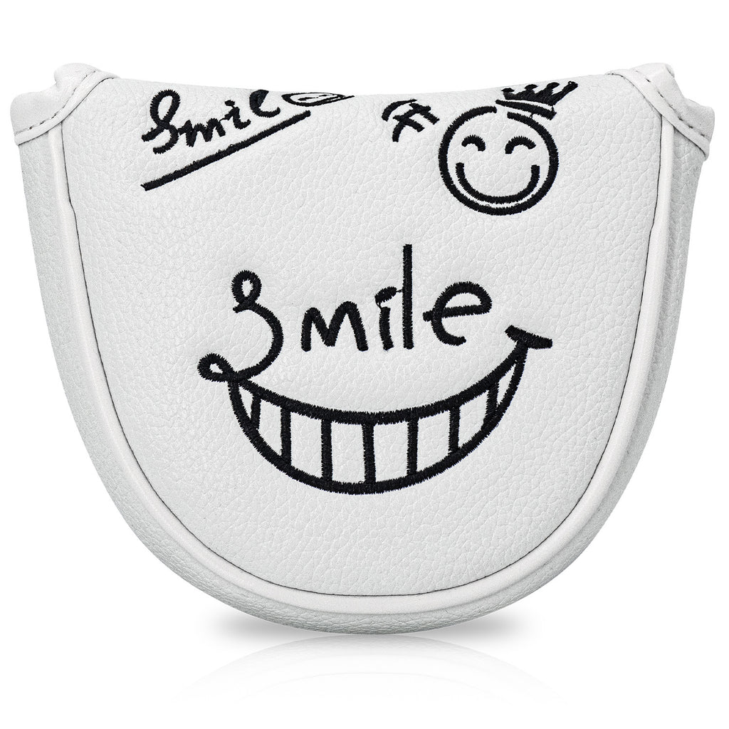 Smiley Face Embroidery Mallet Putter and Blade Putter Cover Magnetic Closure Synthetic PU Leather