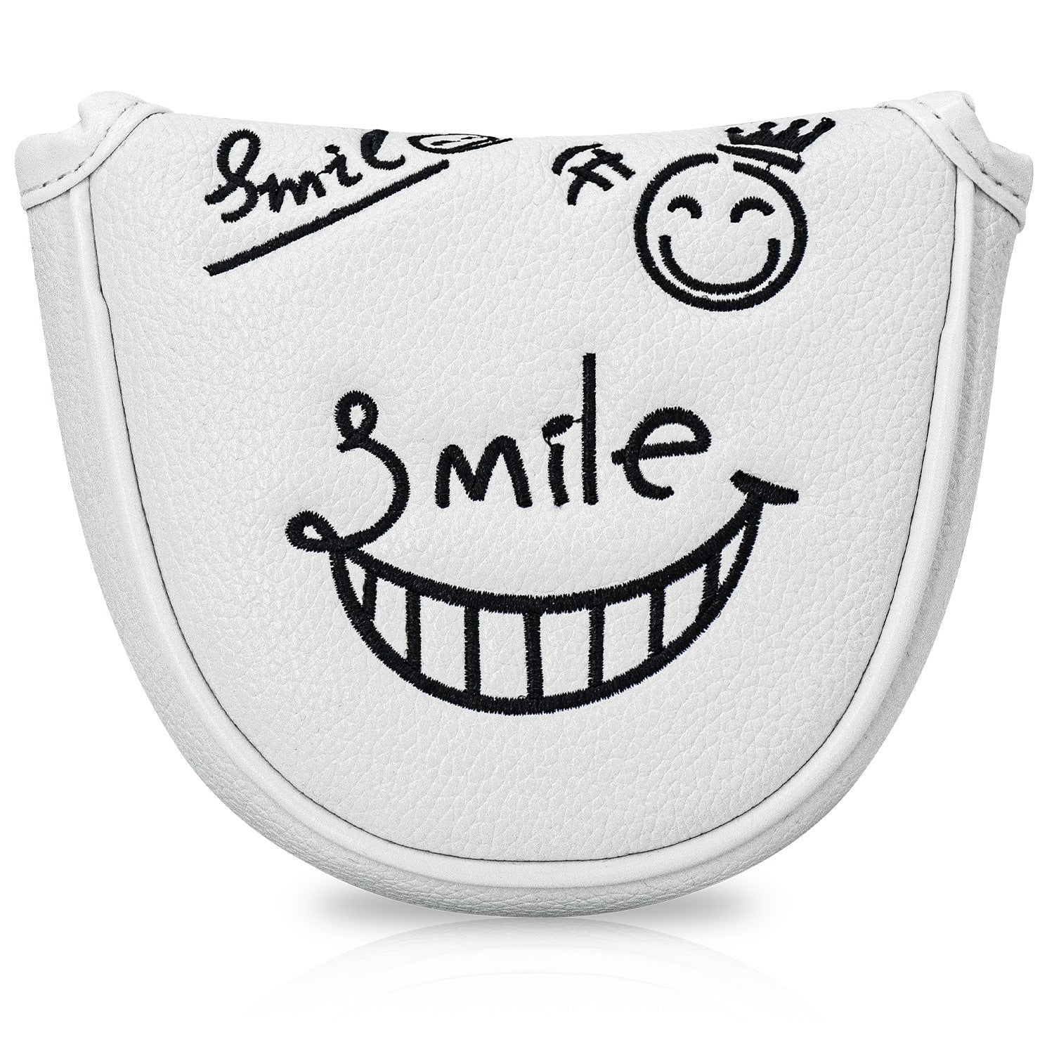 Smiley Face Embroidery Mallet Putter and Blade Putter Cover Magnetic Closure Synthetic PU Leather