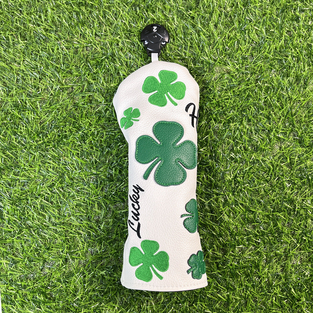 Lucky Clover Golf Wood Club Headcover Club Head Cover Protective - 4 Selections - Golf Driver Headcover/ Fairway Woods Cover/ Hybrid Rescue Headcover Exchangeable, White Synthetic Leather fits for All Brand Men Golfer