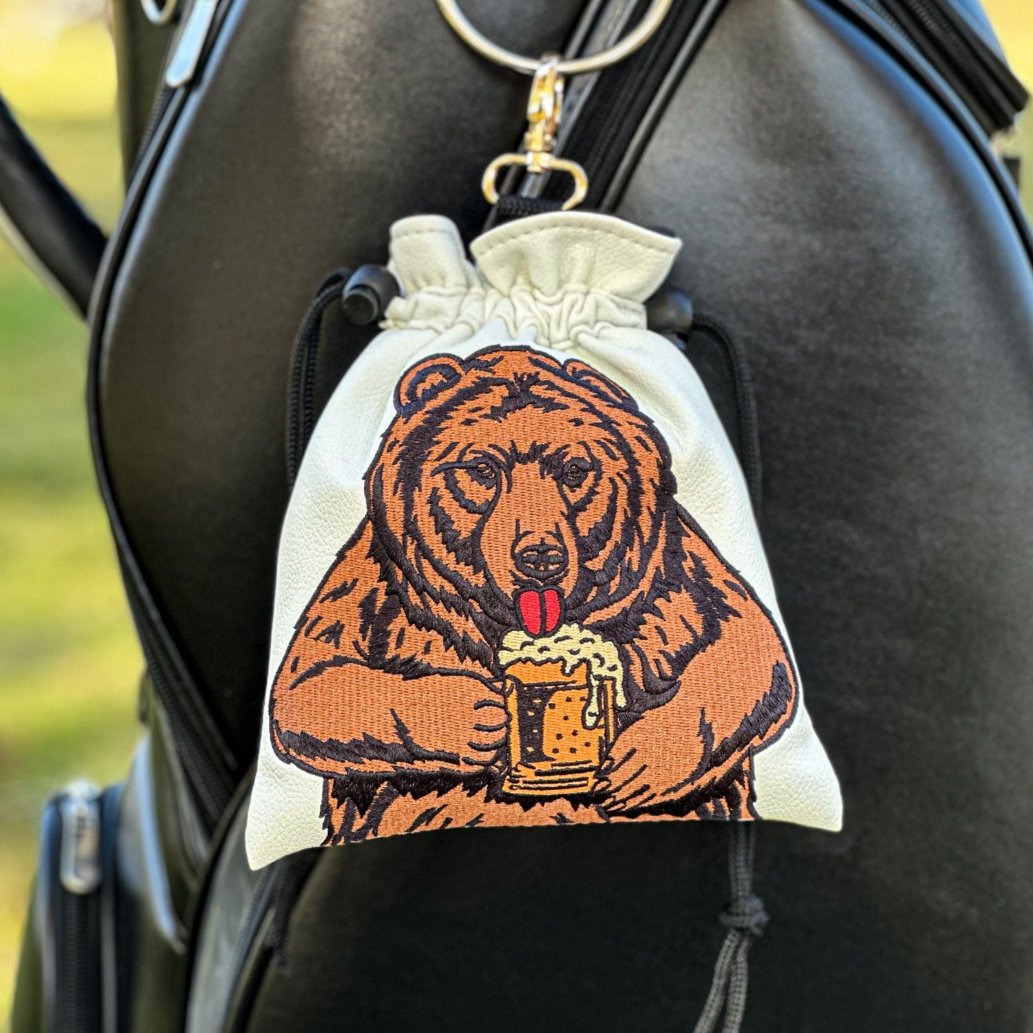 Funny Bear animal embroidery Golf Valuables Pouch, Golf Pouch Bag with Drawstrings Golf Tee Leather Tee Ball Bag