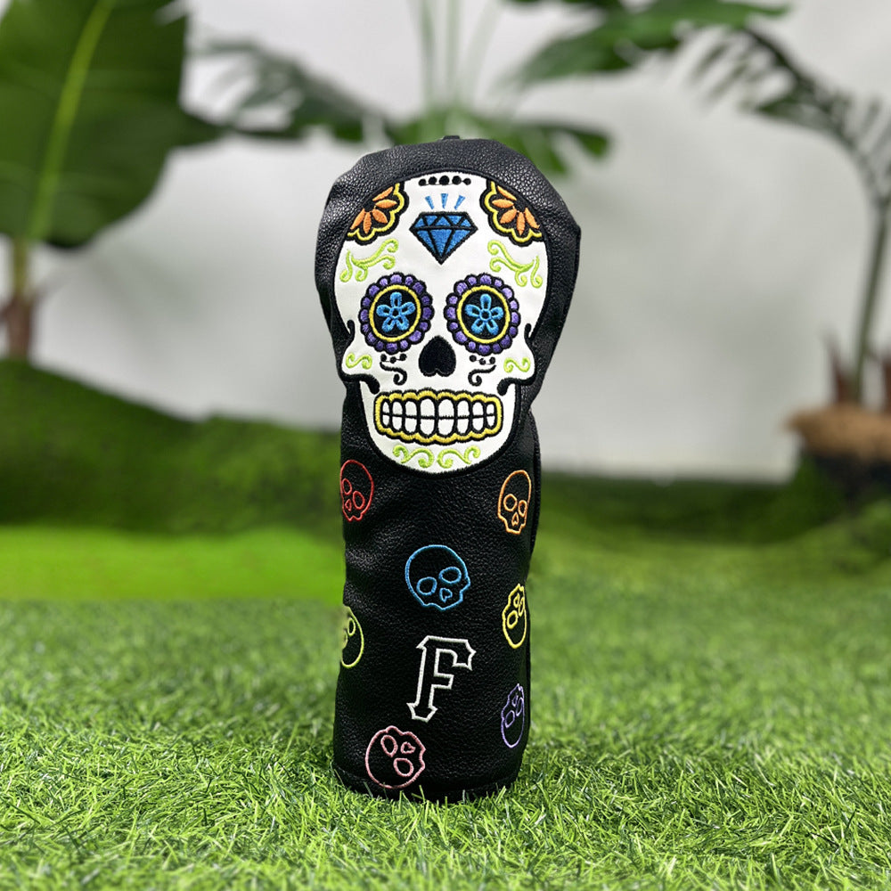 Golf Club Covers – Funny Black Skull Driver Headcover, Fairway Wood & Hybrid, Cool Golf Headcovers Leather Embroidery
