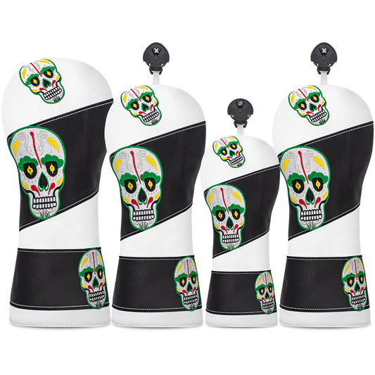 Golf Club Headcover for Drivers, Fairway Woods, Hybrids, and Mallet Blade Putter Sugar Skull Style Premium Leather Golf Headcovers Set with Interchangeable No. Tags