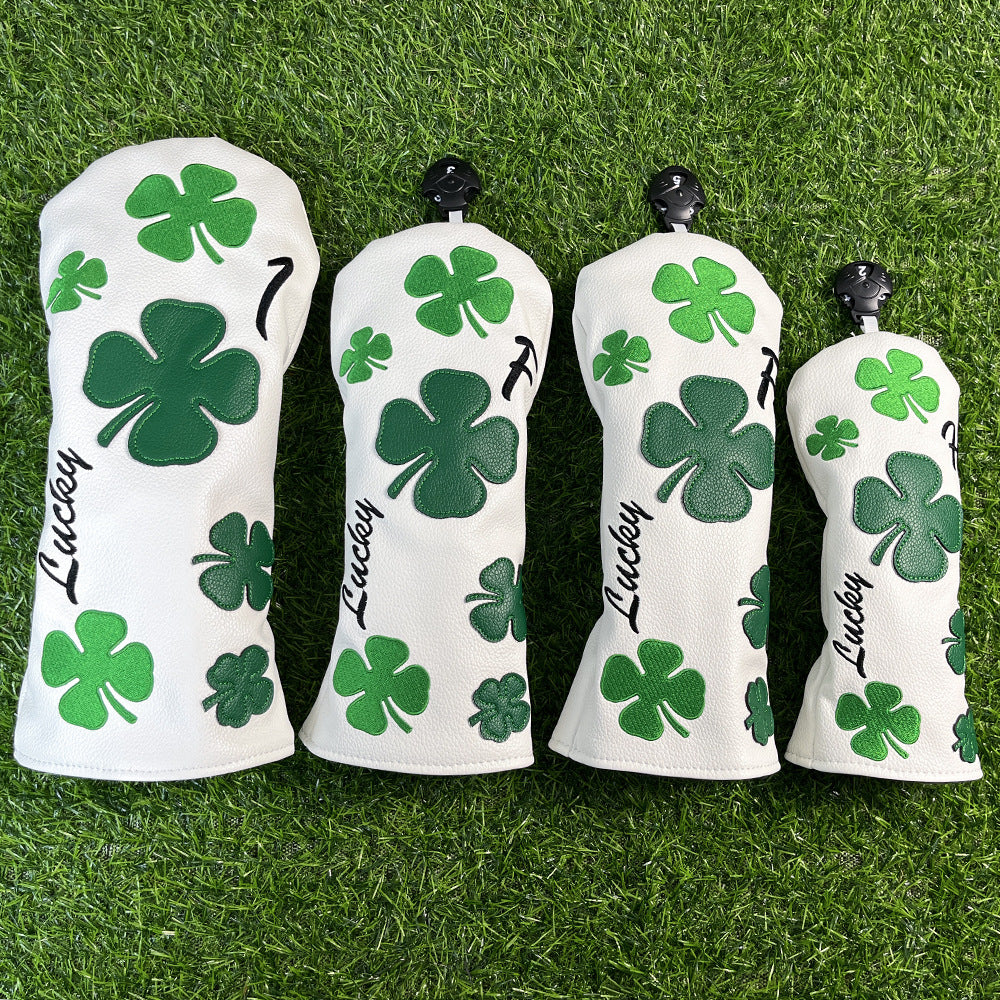 Lucky Clover Golf Wood Club Headcover Club Head Cover Protective - 4 Selections - Golf Driver Headcover/ Fairway Woods Cover/ Hybrid Rescue Headcover Exchangeable, White Synthetic Leather fits for All Brand Men Golfer
