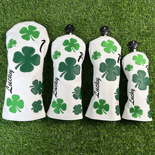 Lucky Clover Golf Wood Club Headcover Club Head Cover Protective - 4 Selections - Golf Driver Headcover/ Fairway Woods Cover/ Hybrid Rescue Headcover Exchangeable, White Synthetic Leather fits for All Brand Men Golfer