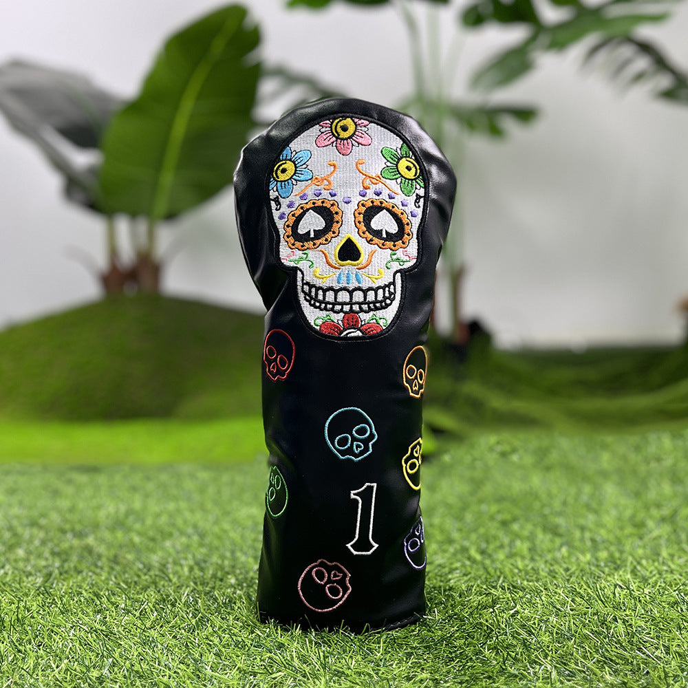 Golf Club Covers – Funny Black Skull Driver Headcover, Fairway Wood & Hybrid, Cool Golf Headcovers Leather Embroidery