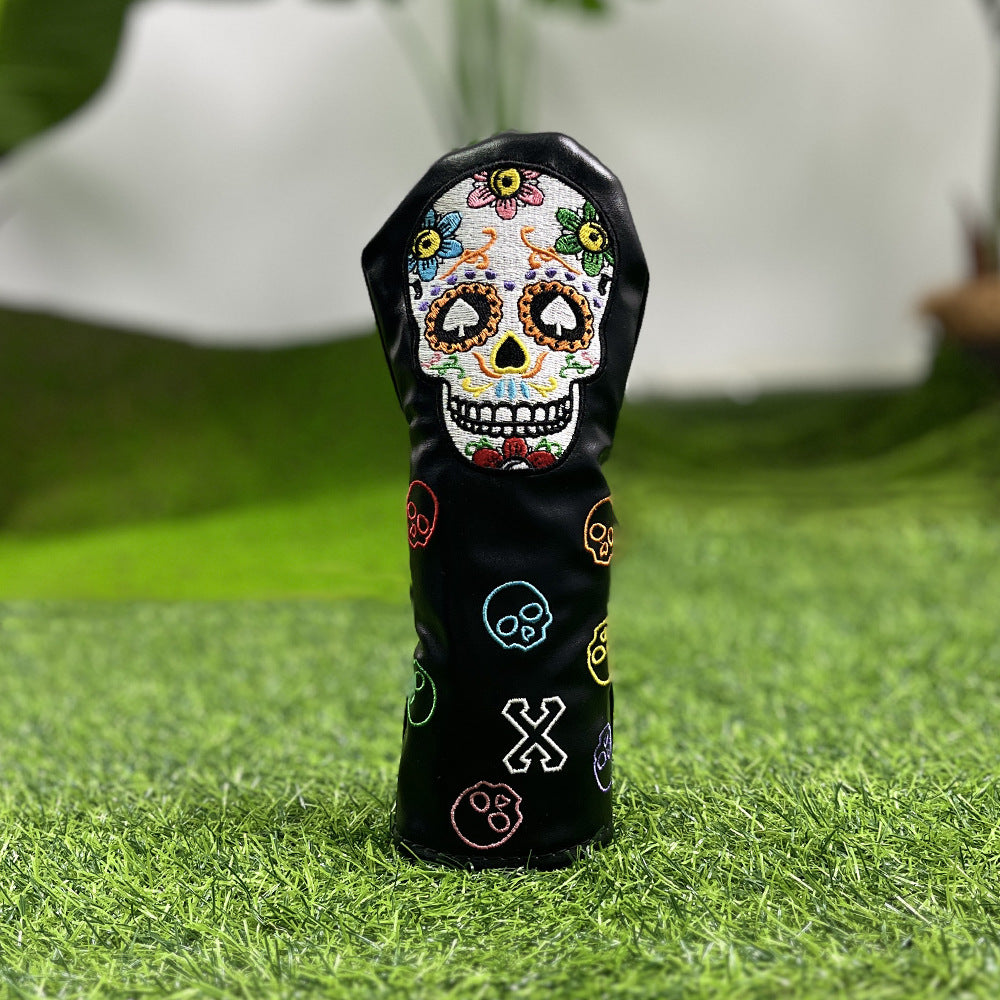 Golf Club Covers – Funny Black Skull Driver Headcover, Fairway Wood & Hybrid, Cool Golf Headcovers Leather Embroidery