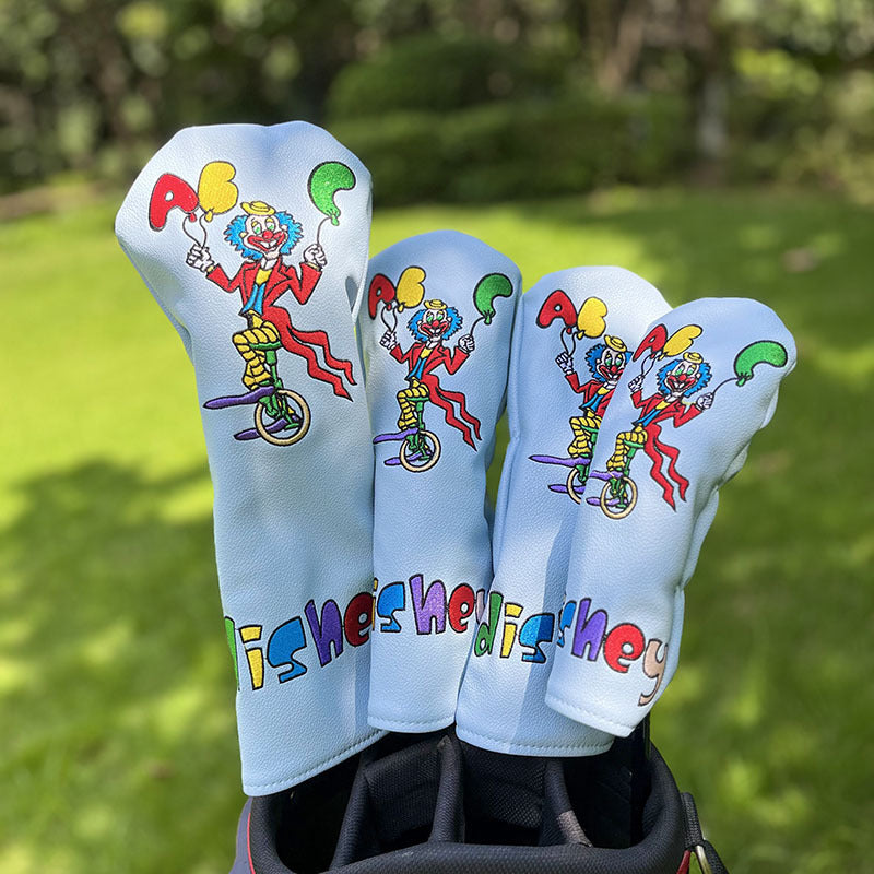 Golf Club Head Covers Funny Clown Driver Headcovers Fairway Wood Covers Hybrid Cover Elegant Embroidery Premium Leather Golf Mallet Blade Putter Cover