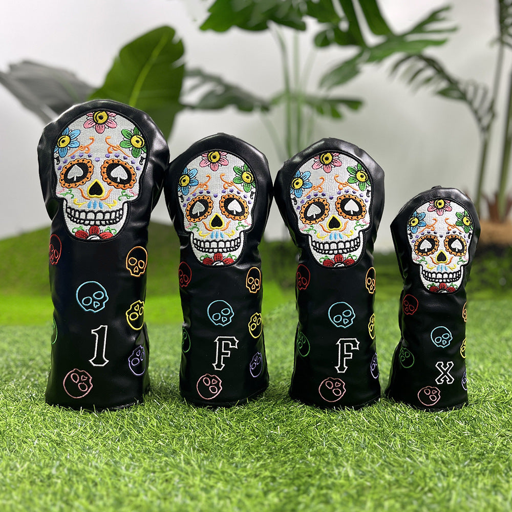 Golf Club Covers – Funny Black Skull Driver Headcover, Fairway Wood & Hybrid, Cool Golf Headcovers Leather Embroidery