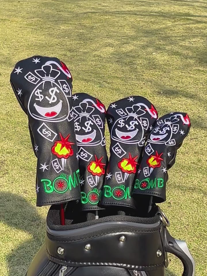 Funny Smiley Money Boom Golf Covers Bag Embroidery 4pcs or 1pcs PU Leather