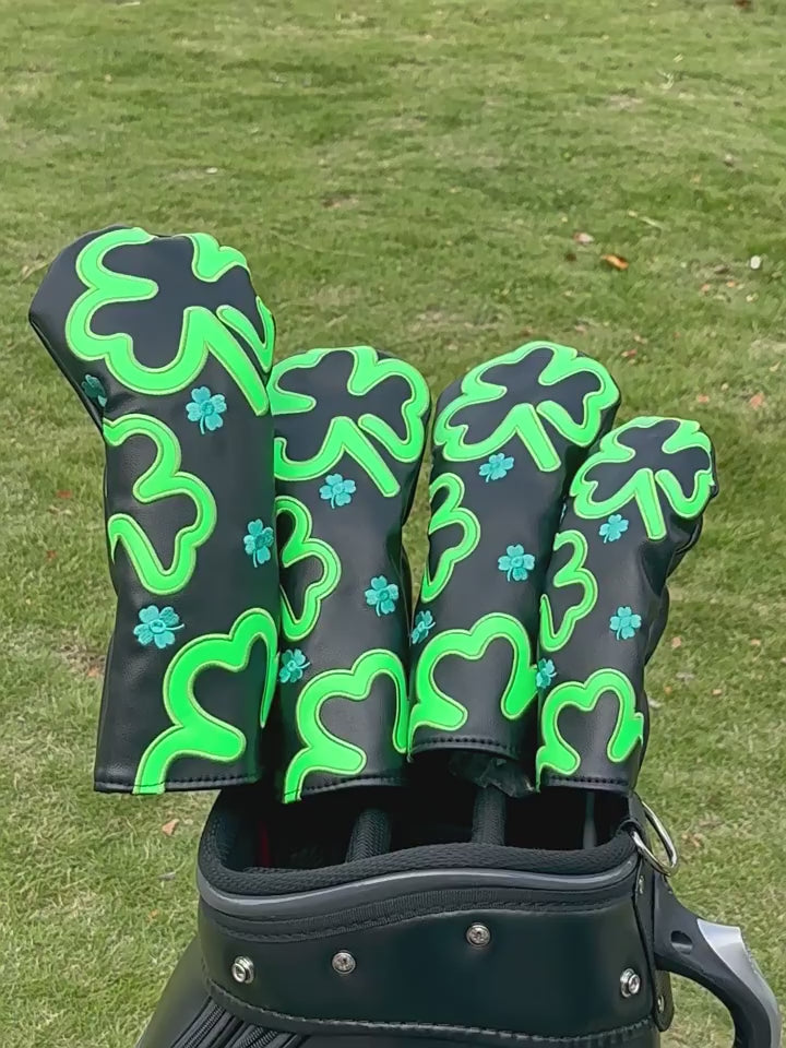 Neon Green Four-Leaf Clover Embroidery Golf Club Head Covers